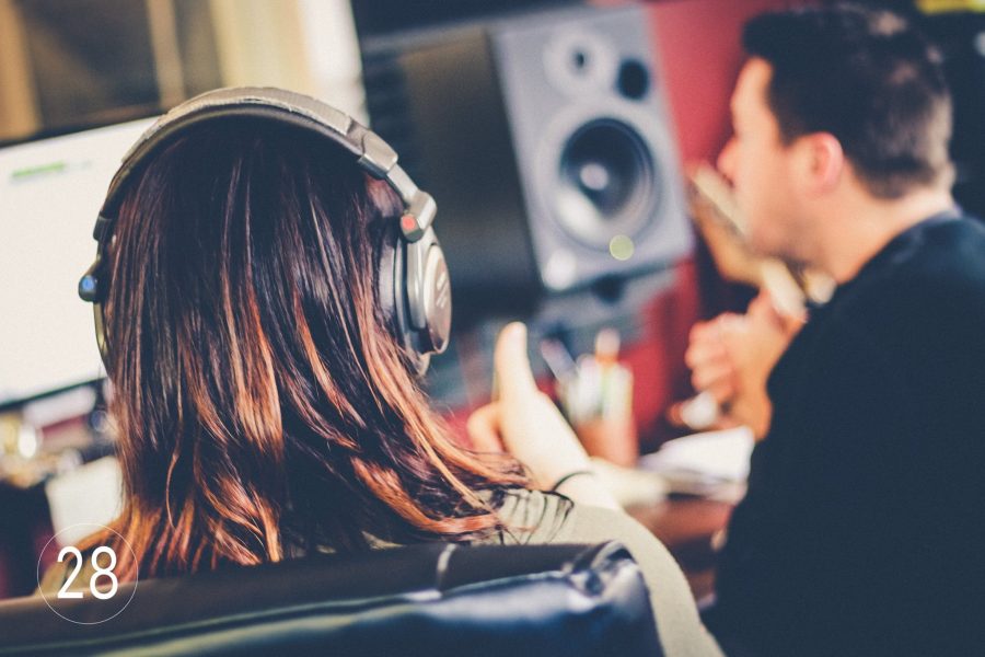 Evy listening on headphones while I'm mixing & giving a thumbs up!!!